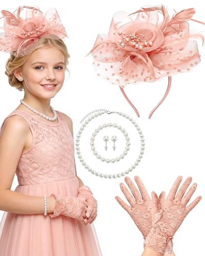 Thstdhy Girls Tea Party Fascinators Hats for Kids Fascinator Tea Party Hat Headband with Gloves Accessories for Girls Blush Pink