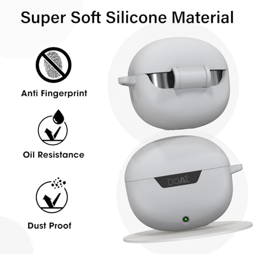 Image of Sounce Earphone Case Cover for Boat Airdopes 300 Premium TWS Soft Silicone Skin Case Cover Shock Absorbing Protective Case with Keychain [Front LED Visible] - Grey