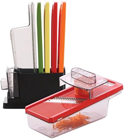 Zell Multipurpose Vegetable Slicer and Grater Set | 4 Interchangeable Stainless Steel Blades with Hand Guard & Storage Safety Stand | Durable Lightweight Slicer for Vegetables, Cheese & Potato