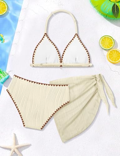 Image of Girls Swimsuit V Neck Bikini Set Color Block with Cover Up 3Pcs Bathing Suits