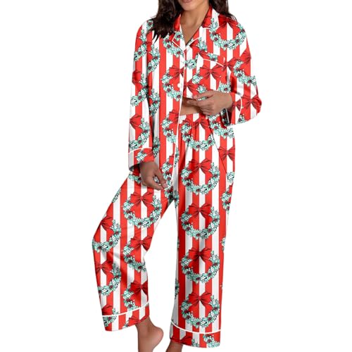 Pyjama de Noël femme en satin vêtement de nuit confortable à rayures rouges