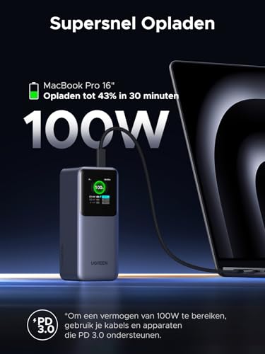 UGREEN Nexode Power Bank 20000mAh 130W met 3 poorten, externe accu met digitaal display, USB C PD 3.0, compatibel met iPhone 16/15/14 Pro Max, Galaxy S24 Ultra, Macbook Pro, Dell, meer - Afbeelding 3