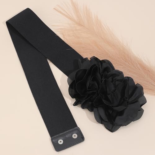 Women Big Flower Stretchy Belt Elegant Elastic Wide Chunky Waistband Belts for Dress4