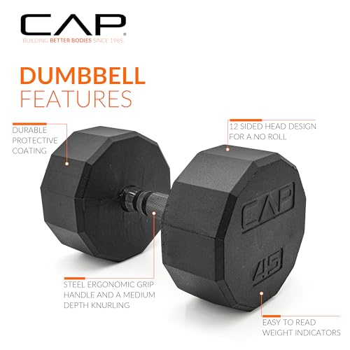 Image of CAP Rubber Coated Dumbbell Weights, Free Weights for Home Gym Strength Training, Anti-Roll Hex Dumbbells with Black, Chrome & Comfort Grip Handles, Singles
