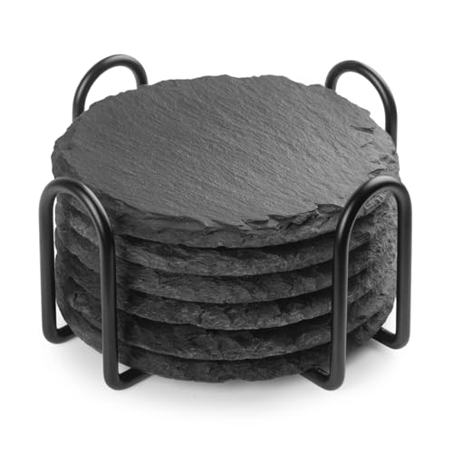 Schiefer Untersetzer Gläser Rund 10 cm 6 Stück mit Halter (Round-6)