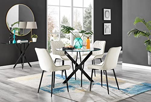 Furniturebox UK Dining Set - Novara Black Leg Round Glass Dining Table & 4 Cream Pesaro Black Leg Chairs