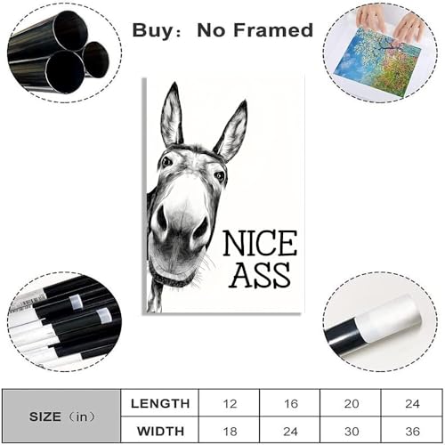 Black and White Bathroom Wall Art Decor Nice Ass,Donkey in Bathroom Canvas Posters,Interest Animals Wall Decor Vintage Farmhouse Home Humor Print Paint 16x24inch Unframed by Generic - Image 2