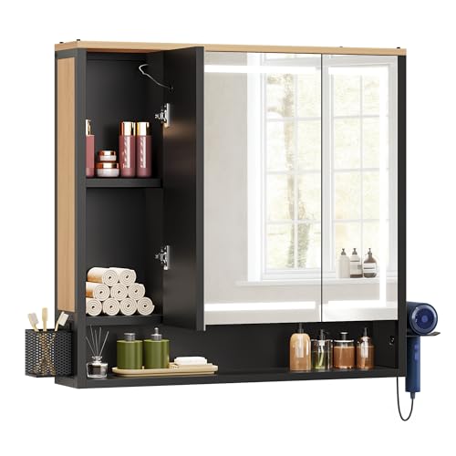 YITAHOME - YITAHOME Spiegelschrank Bad mit Beleuchtung, LED Badezimmer Spiegelschrank mit 3 Türen, Steckdosen, Wandschrank, Badezimmerspiegel, hängender Badezimmerschrank, 80W x 15D x 75H cm, Braun and Schwarz