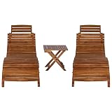 KMUNGDWG 3 Piece Wooden Sunlounger Set with Folding Tea Table, Solid Acacia Wood Outdoor Sun Loungers for Garden Patio Pool Deck