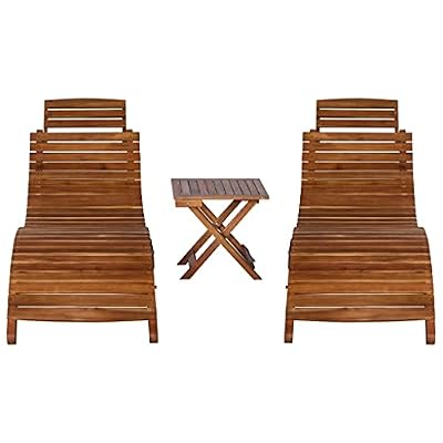KMUNGDWG 3 Piece Wooden Sunlounger Set with Folding Tea Table, Solid Acacia Wood Outdoor Sun Loungers for Garden Patio Pool Deck