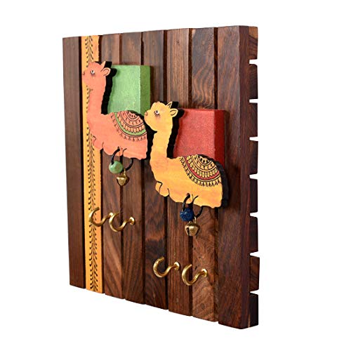 Image of Aakriti Art Creations Key Holder, Handcrafted Tribal Art Wooden Strips & Birds Design Key Hanger| Rustic Wood Wall Organizer with 4 Hooks | Storage Shelf For Keys, Hats| Multifunctional Entryway Decor