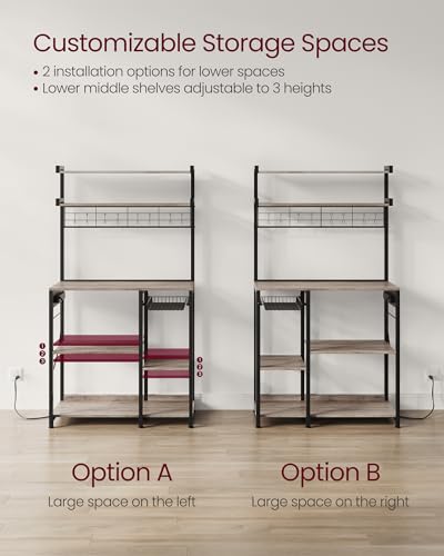 Image of VASAGLE Bakers Rack with Power Outlet, 35.4 Inches Microwave Stand, Coffee Bar, 4 AC Outlets, with Adjustable Shelves, 8 S-Hooks, Basket, Spice Racks, Heather Greige and Ink Black UKKS031K02
