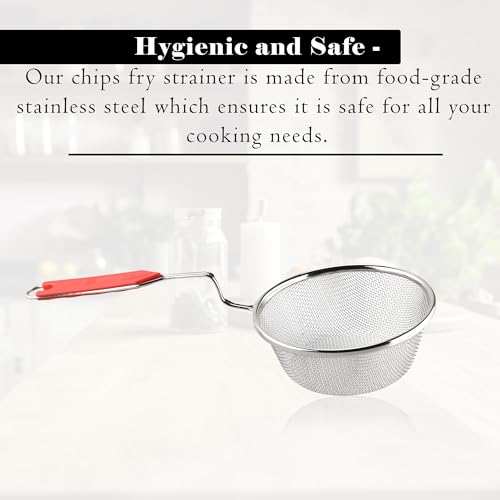 Image of Kuber Industries Pack of 3 Stainless Steel Deep Fry Strainer for Kitchen - 6 no. Oil Cooking Jhara /Filter /Channi for Chips & Pasta - Silver & Red