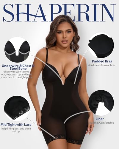 Image of SHAPERIN Backless Shapewear Strapless Bodysuit Bra Fajas U Plunge Tummy Control Low Back Full Body Shaper Corset for Women