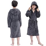 Hooded Herringbone Boy's Fleece Grey Soft Spa Kimono Long Robe,Kids Comfy Sleepwear Bathrobe(6-7 Year)
