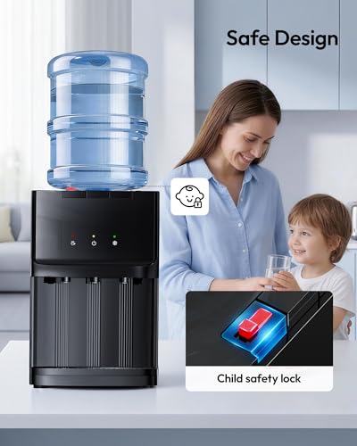 Image of Euhomy Top Load Water Dispenser for 3 or 5 Gallon Bottles, Countertop Water Cooler with 3 Temperatures, Hot & Cold Water with Child Safety Lock, for Home, Office, Kitchen