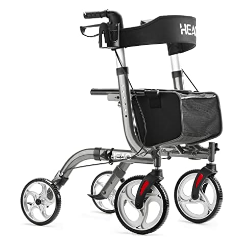 HEAO Rollator Gehhilfe für Senioren mit Sitz, Rollator mit Getränkehalter und der gepolsterten Rückenlehne, klappbares Design, Leichtgewicht nur 7,8 kg,10" Räder mit maximaler Mobilitäm,Grau Cover