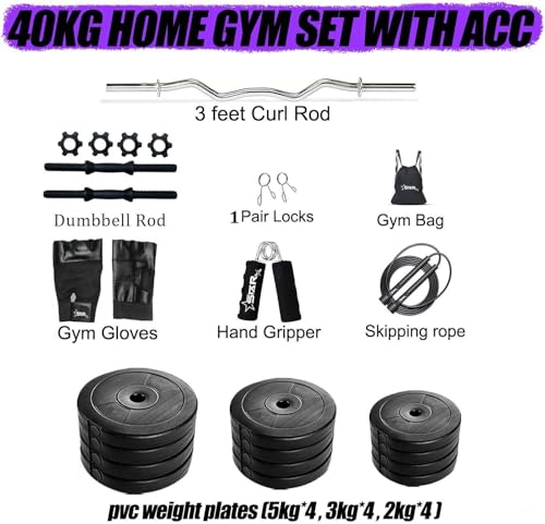 Image of Star X Home Gym Kit for Men & Women | Exercise Equipment | 3ft Curl Rod, PVC Dumbbell Plates, Leather Gym Gloves, Gym Bag, Skipping Rope & Other Accessories