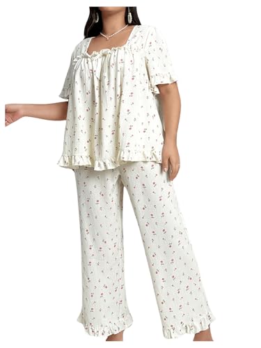 OYOANGLE Women's Plus Size Pajama Set Floral Short Sleeve Sleepwear Ruffle Pants 2 Piece Pjs Lounge Set