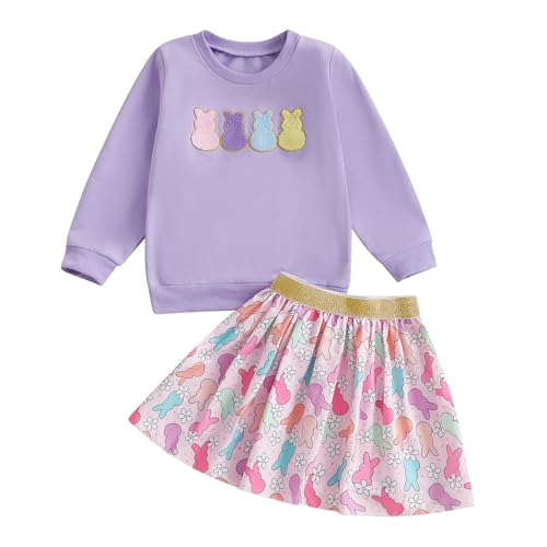 Nokpsedcb Toddler Girl Easter Outfit Cute Bunny Letter Embroidery Sweatshirt Party Tutu Tulle Skirt Kids Spring Clothes (Purple Bunny, 18-24 Months)