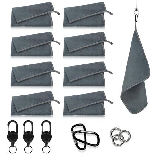 mayoken 9 Pack Gray Fishing Towels with Clips & Zinger Retractors Quick-Dry Absorbent Microfiber Bait Towels for Fishing Boating Kayaking Camping & Hiking