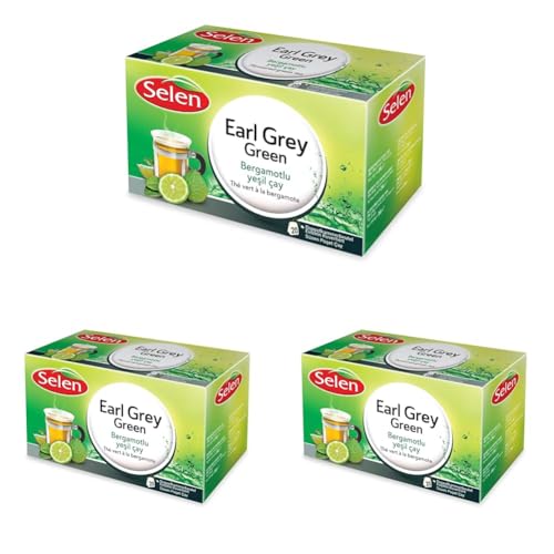 Selen Earl Grey Green, Thé Vert, 20 sachets de thé emballés individuellement - 36g (Lot de 3)