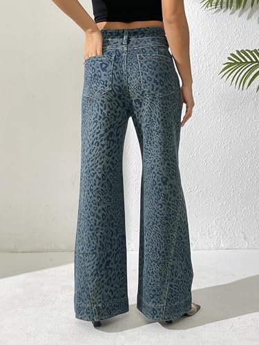 zsangbee Women's Leopard Print Rhinestone Jeans Flare Wide Leg Pants High Waist Stretch Denim Trouser Trendy Jean4
