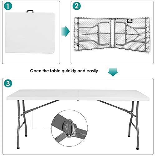 Generic Folding Dining Table 6ft Plastic, Portable w/Handle, Fold-in-Half Utility, 6' Dining Table Heavy Duty, White, 183 cm x 76 cm x 73 cm