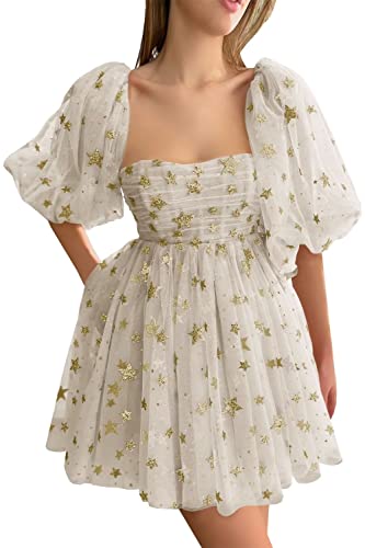 Eightale Starry Short Sleeves Tulle Homecoming Dresses Sparkly A-Line Pleated Corset Stars Prom Dress For Women Mini Cocktail Party Gown Ivory Us6 #TOP24