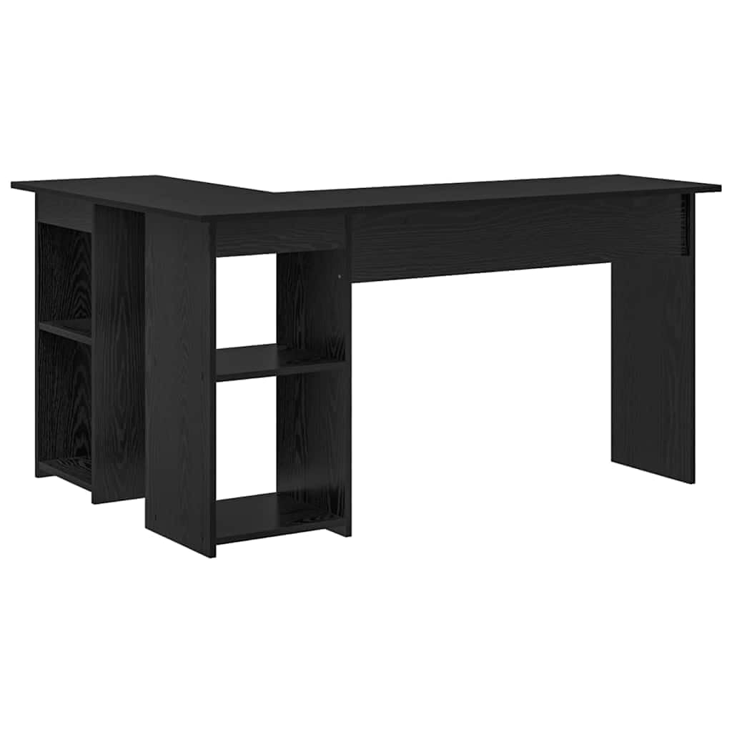 Scrivania con mensola nera, effetto rovere, in legno, 142 x 102 x 73 cm, moderna scrivania angolare per ufficio e studenti, con molto spazio e design robusto