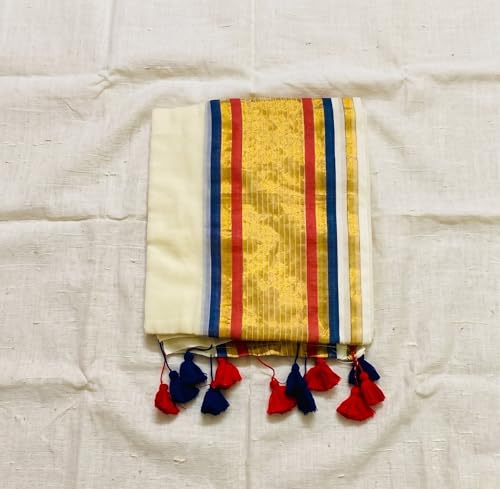 Image of Women's Mul Cotton Saree with Tassels | Soft Mulmul Saree | Woven Stripes & Zari Line | 5.5 Metres - Without Blouse