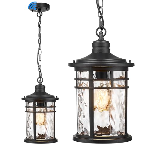 Image of Darkaway Dusk to Dawn Outdoor Pendant Light, 14inch Hanging Porch Light Outdoor Chandelier Ceiling Mount Waterproof Pendant Lights with Water Ripple Glass for Patio Entrance Foyer Entryway