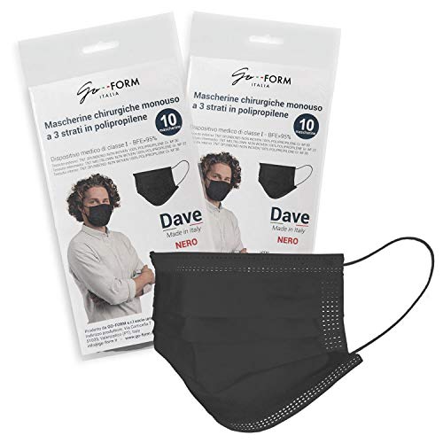 Go-Form DAVE Tipo I, CE - Mascherine Chirurgiche - 10 Pezzi, Colore Nero
