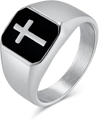 Mens Cross Signet Rings Stainless Steel Lords Prayer Ring for Men Women