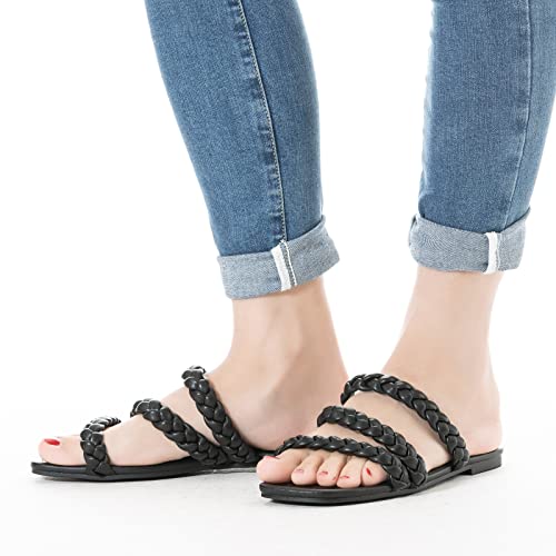 Image of Mtzyoa Women's Strappy Flat Sandals with Toe Ring | Lightweight Walking Slides | Summer Beach Wedding Shoes | Black | Casual Dressy Vacation