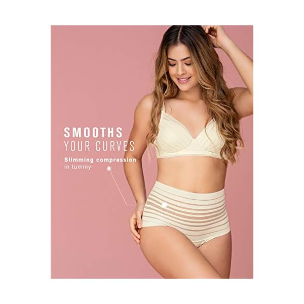 Leonisa Seamless High Waisted Thong Panty with Lace Stripe - Slimming Tummy Control Underwear Beige