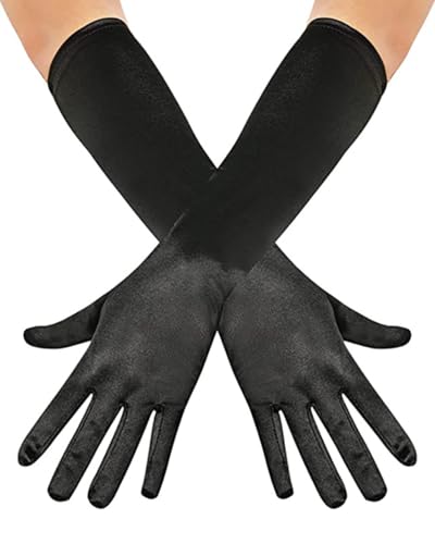KGDUYC 1 par Luvas compridas de cetim preto, luvas de noite, luvas de ópera, luvas pretas de cotovelo de 21 polegadas para meninas e mulheres, preto