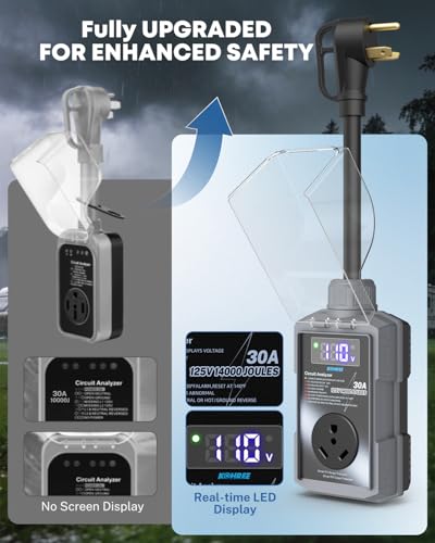 Image of Kohree RV Surge Protector 30 Amp, Surge Voltage Protection 14000J, Gray | RV Adapter Plug, Waterproof Cover, Auto Shut Off, LED Display Circuit Analyzer, for Travel Trailers Camper, 30A Gray