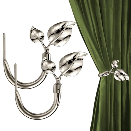 Image of HIKMLK Bright Nickel Leaf Shaped Curtain Holdbacks 2pcs, Handmade Metal Side Holders Hooks for Wall, Tieback Pull Backs for Drapes Drapery Home Window Decoration