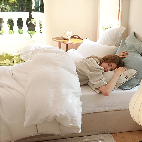 Simple&Opulence 100% Linen Duvet Cover Set with Coconut Button Closure Stone Washed – Californian King Size - 3 Pieces (1 Duvet Cover & 2 Pillowcases) Soft Breathable Farmhouse - White