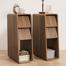 Narrow Nightstand Set of 2, Small Bedside Table, Slim Wood Bed Side Table, Mid Century Modern Night Stand with Slanted 2 Drawers, Walnut Nightstand for Bedroom, Skinny, Vintage