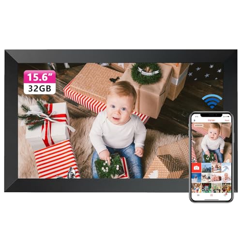 Frameo WLAN Digitaler Bilderrahmen 15,6 Zoll, 1920x1080 FHD IPS Touchscreen Smart Fotorahmen,Elektronischer Fotorahmen Groß mit 32GB,Automatische Drehung,Teilen von Bildern, Videos,Wandmontage Möglich