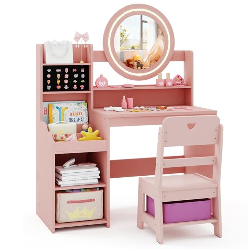 Image of HONEY JOY Kids Vanity with Lights, Wooden Princess Makeup Dressing Vanity Desk with Jewelry Storage, Open Shelves, 2 in 1 Toddler Vanity Table & Chair Set with Lighted Mirror for Little Girls(Pink)