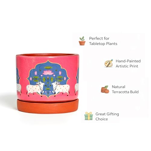 Image of Urban Plant KamDhenu 3D Terracotta Pot with Saucer (4.7 Inch) | Hand-Painted Cow & Lotus Design Planter | Decorative Indoor Plant Pot with Drainage Hole | Premium Clay Planter for Home & Office Decor