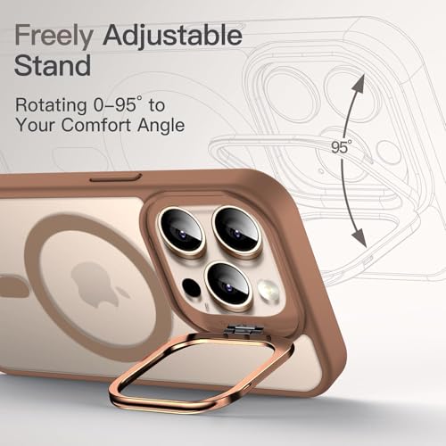 Image of Elzzi Kickstand Mag Safe Polycarbonate Back Case for iPhone 16 Pro Max, Built-in Adjustable Camera Stand, Translucent Matte Magnetic Mag-Safe Shockproof Phone Cover (Desert Titanium)