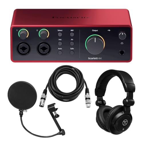 Focusrite Scarlett 4i4 4th Gen USB Interface with Software Suite, Bundle with TAPH100 Headphones, 2x H&A 15' XLR Microphone Cable and Pop Filter