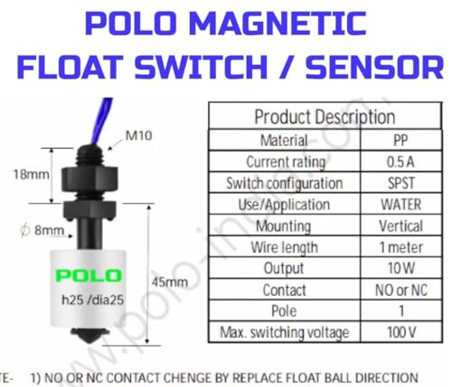 Image of POLO STAR Liquid Level Detector Float Switch Sensor Dry Contact Reed Switch Home Automation Water Tank Monitoring Water Level Controller Sensor 1 Meter Wire Reversable NO - NC Pack of 1