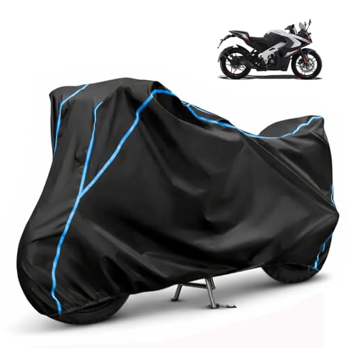 Image of Compatible with Bajaj Pulsar RS 200 Waterproof Two Wheeler Bike Body Cover Water Resistant, Heavy Duty, UV Rays, Dust & Scratch Protection for All-Modal & Variants (Black,Sky Blue Piping)