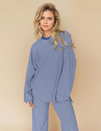 Image of MISSACTIVER Women's 2 Piece Striped Lounge Set Long Sleeve Oversized T-Shirt Wide Leg Pants Matching Pajamas Set