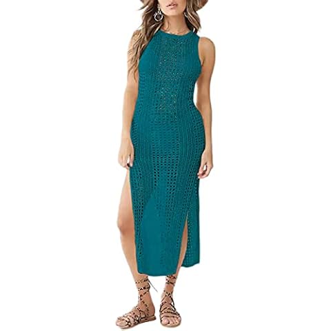 Bsubseach Crochet Cover Up for Women Hollow Out Sleeveless Bikini Swimsuit Coverup Swimwear Side Split Beach Dress Peacock Green Cover